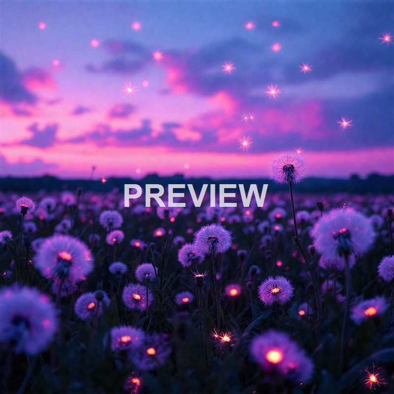 A field of dandelions glowing with a magical, star-like effect under a colorful, twilight sky with pink and purple hues.